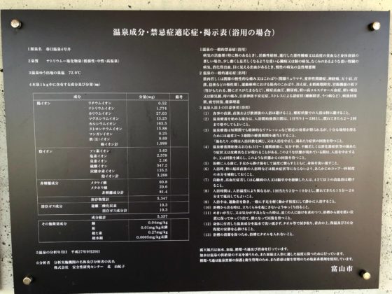 ピエ・パルクの足湯の温泉成分表