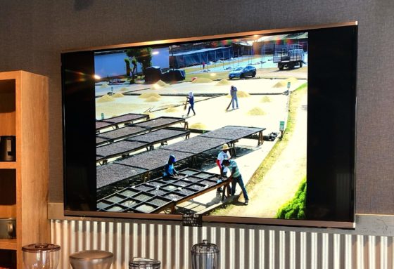 オーナーがコーヒーの産地で撮影してきた画像を流すディスプレイ